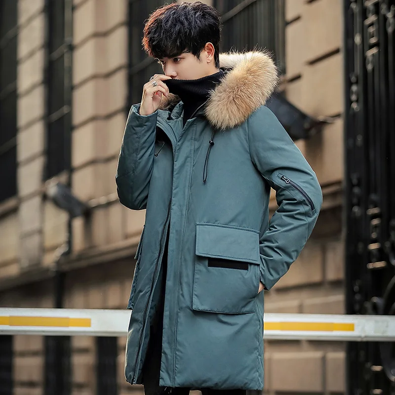 New 2023 Winter Men's Mid-Length Hooded Duck Down Jackets Outwear Solid Color Warm Long Puffer Coat High Street Thick Top Parkas