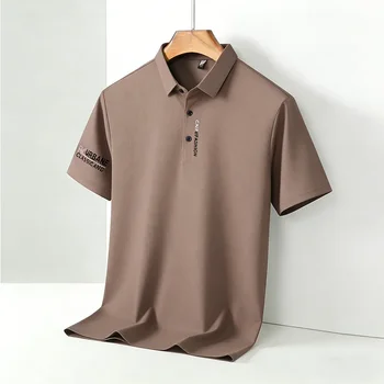 Polo Casual da Uomo Marrone Tinta Unita a Maniche Corte Ricamate Traspiranti per l'Estate e l'Ufficio