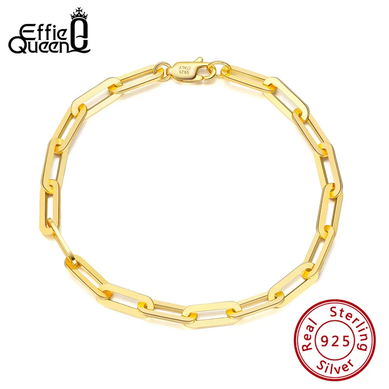 

Effie Queen 14K Gold Plated Genuine Sterling Silver Paperclip Link Chain Bracelet for Women Men Teen Girls Bracelet Italy SB109