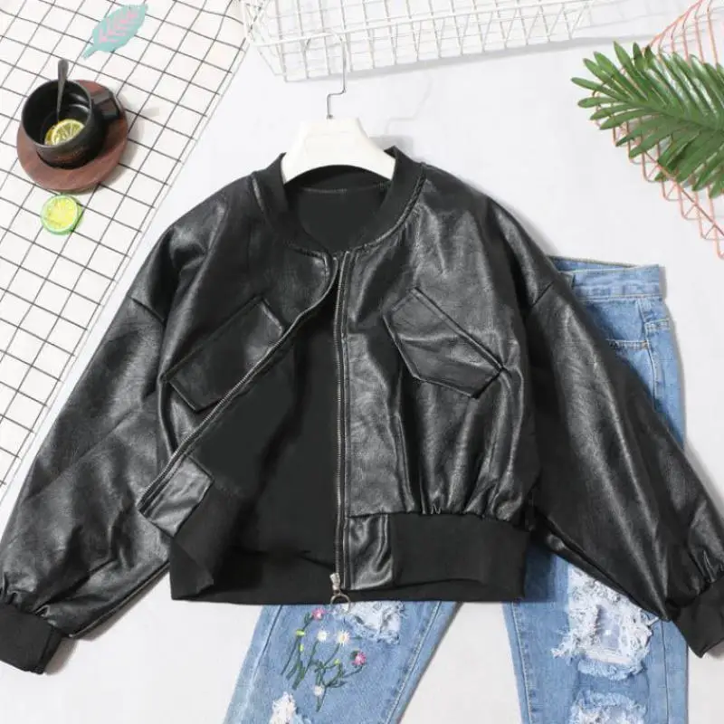 Women PU Leather Jacket Autumn Motorcycle Jacket Long Sleeve Zipper Cardigan Crop Tops Korean Loose Outerwear Baseball Jersey