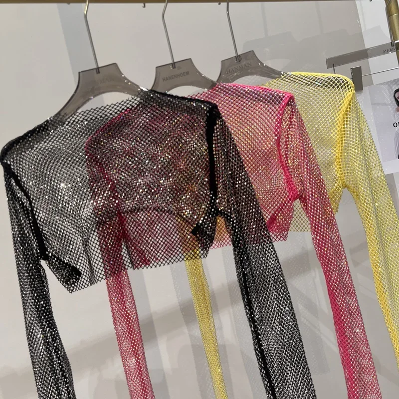 Hot Girl Sexy Thin Sexy Colored Diamond Short Top Mesh Diamond Exterior Sun Protection Long Sleeve Shirt Glitter Party Shirt 3