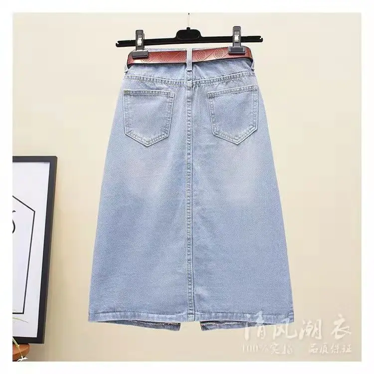 Saia com Bolsos Botão até Saia com Cinto Mulher Retro Verão Denim Azul Tamanho Grande Joelho Comprimento Casual Split Lady A-line 2022 6 Weddings & Events