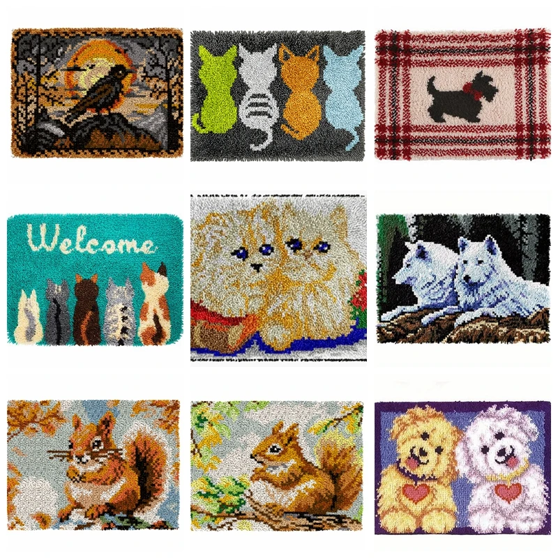 Animal Latch Hook Rug Kit Pattern Latch Hook Kits for Adults for Festival Beginners Crochet Rug Kit Cat Cushion Cover