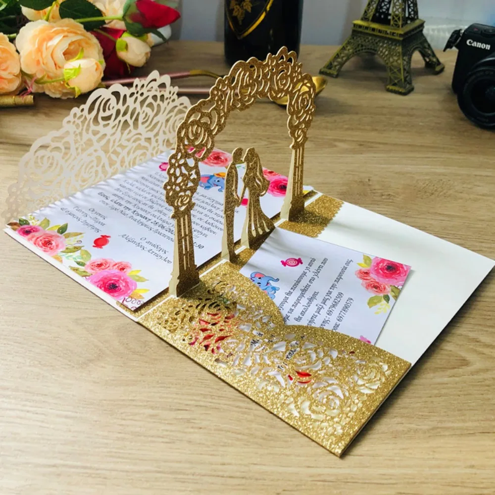 3D Bride and Groom Rose Gold Pop Up Wedding Invitations Laser Cut Greeting Cards Envelope Navy Blue White Pink Greeting Cards
