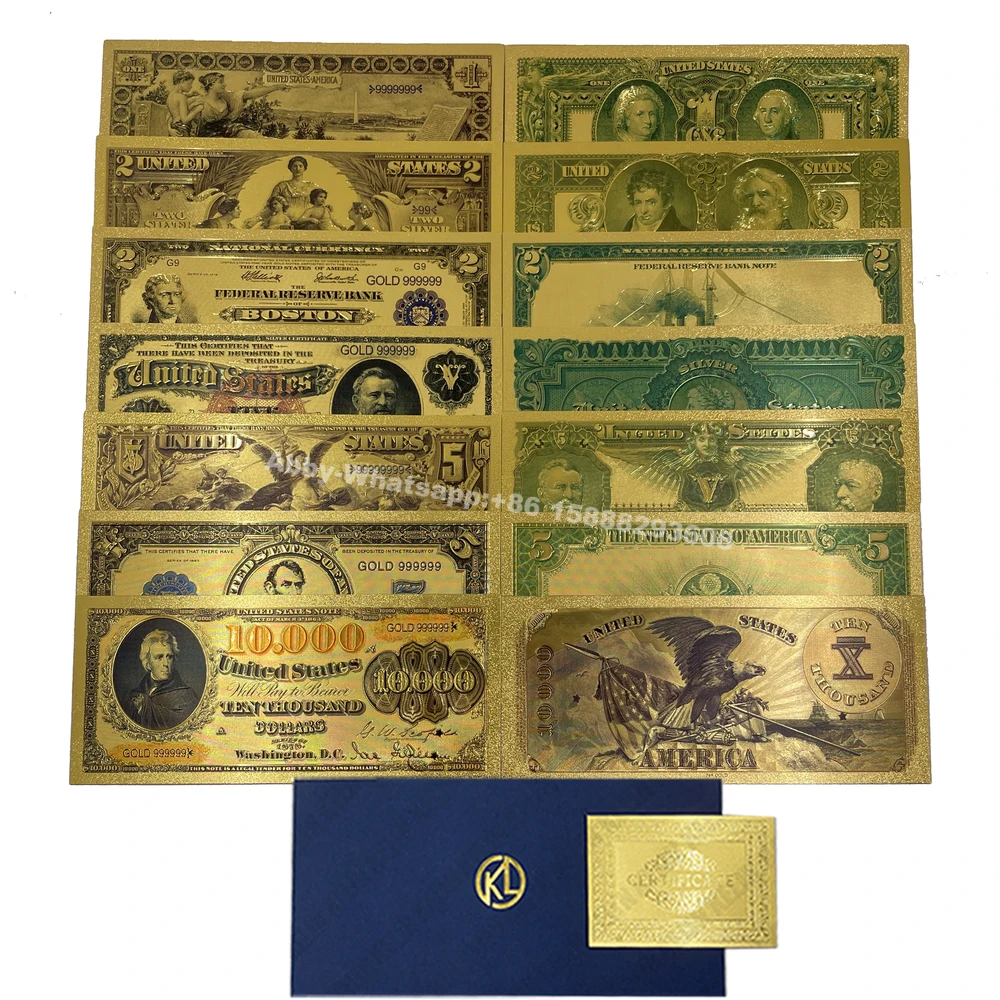 

New 7 Designs Colored USD Gold Foil Banknote Set 1 2 5 20 50 100 10000 dollars for Partriotism American Crafts collectibles