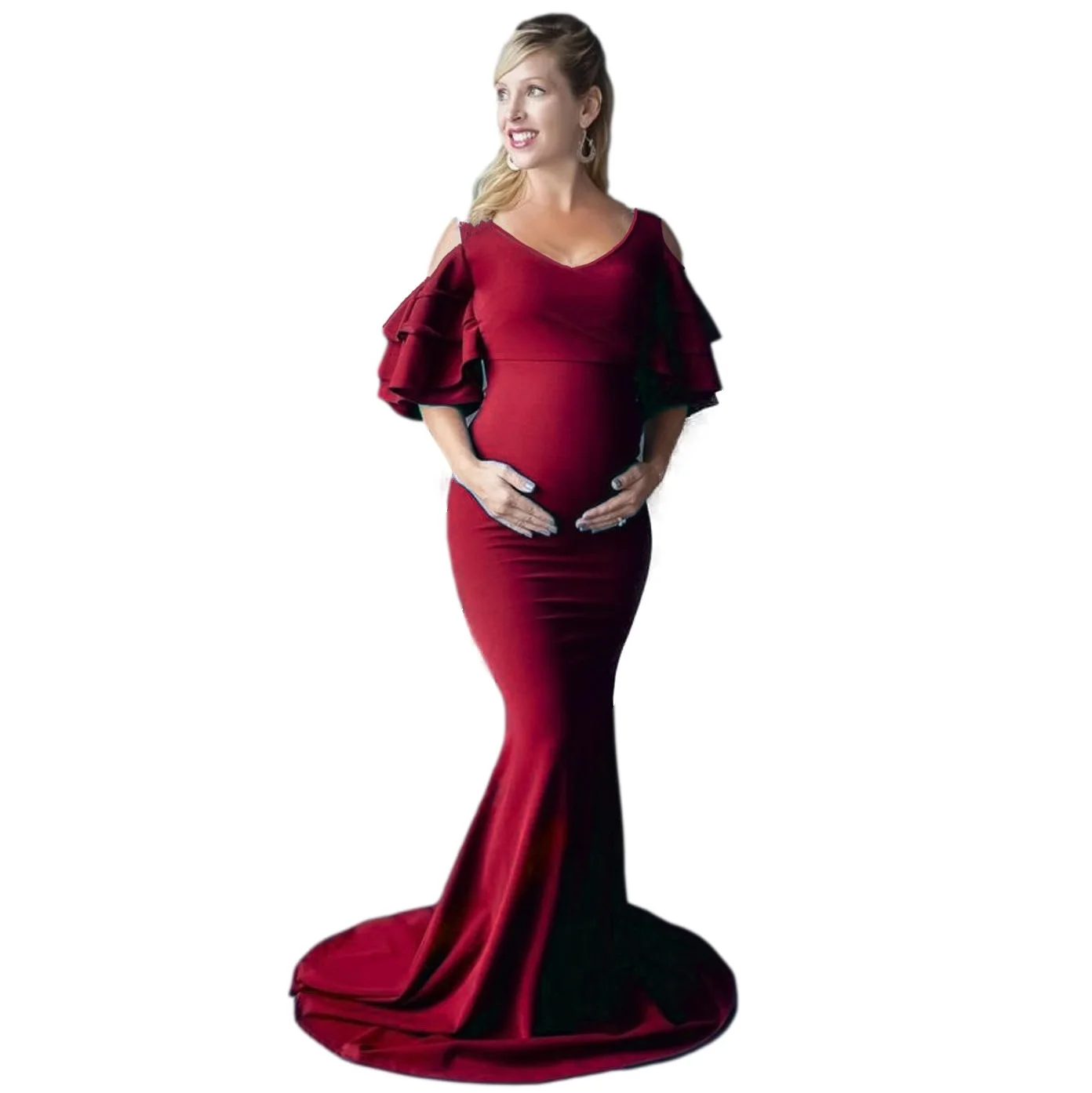 Maternity Dresses for Photoshoot Women Mermaid Elastic Photography Gown Cold Shoulder Ruffle Sleeves Wedding Baby Shower Dress