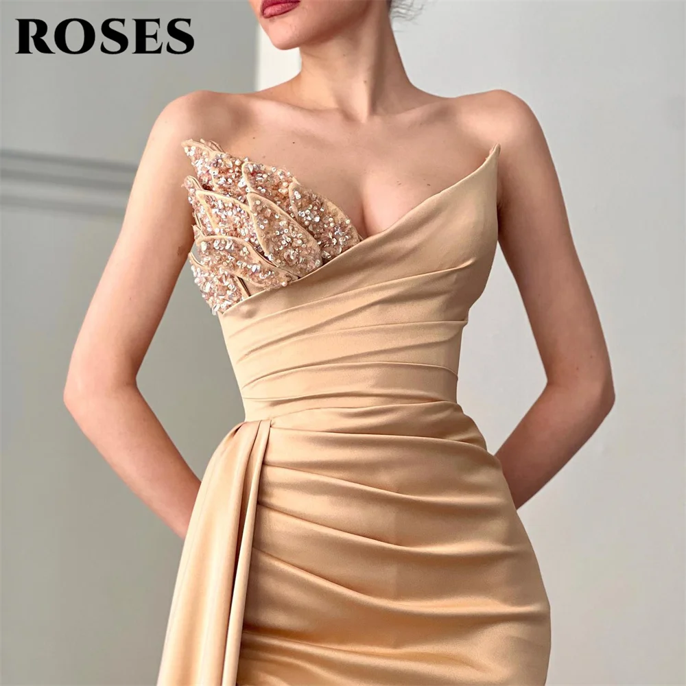 

ROSES Champagne Long Party Dresses Vintage Mermaid Sexy Night Dress Beading Sequin Pleat Celebrity Dress vestidos de fiesta