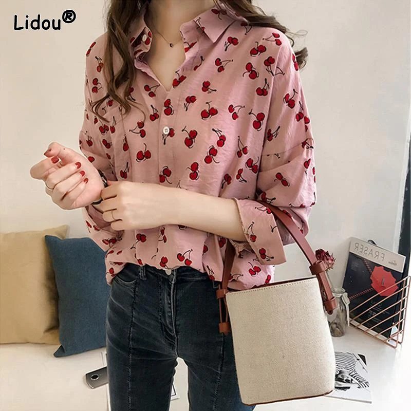 Women's Clothing Blouses Women Shirt Casual Shirts Loose and Comfortable Textile Printing Long Sleeve Upper Outer Garment within the new 2022 female net yarn splicing render unlined upper garment design feeling little daughters long sleeved shirt