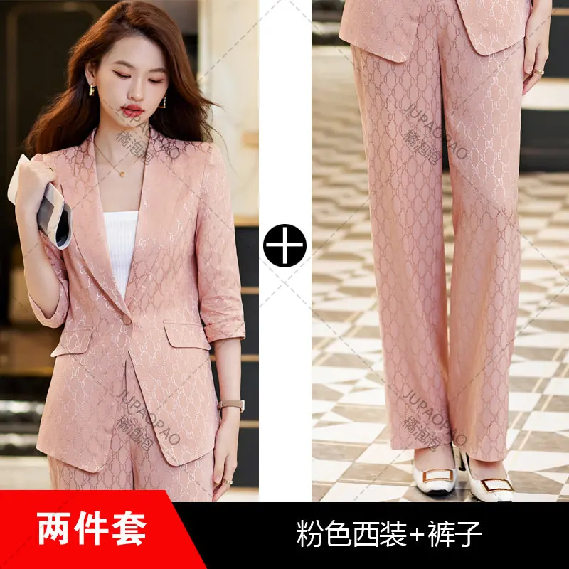 High Quality Printed Women's  Jacket  Casual Suits Fashion  2023 Summer Thin Breathable Office Ladies Blazer Pants Set