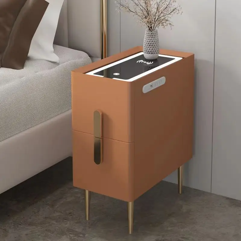 White Narrow Nightstand Multifunction Gold Handles Wireless Charging
