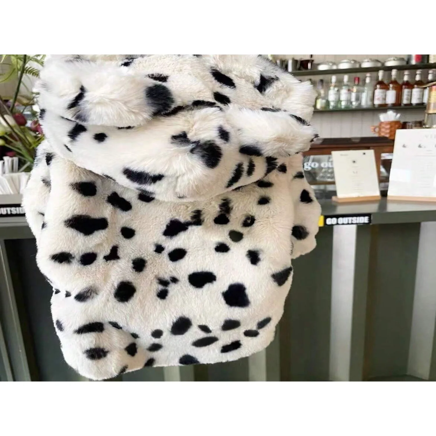 1pc White/Black Spotted Polyester Hooded Zipper Dog Jacket, Warm And Cozy