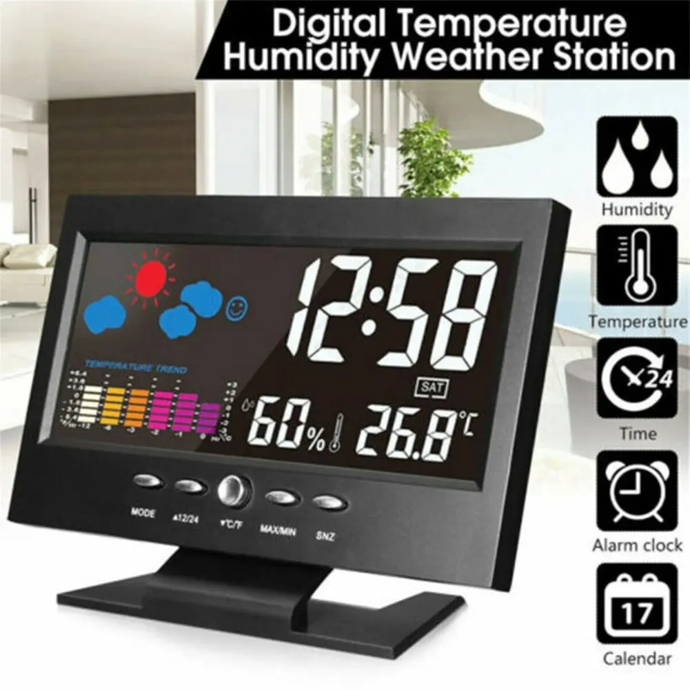 

5-in-1 Led Black Intelligent Digital Alarm Clock Calendar Weather Display Thermometer Humidity Monitor With Snooze Functions