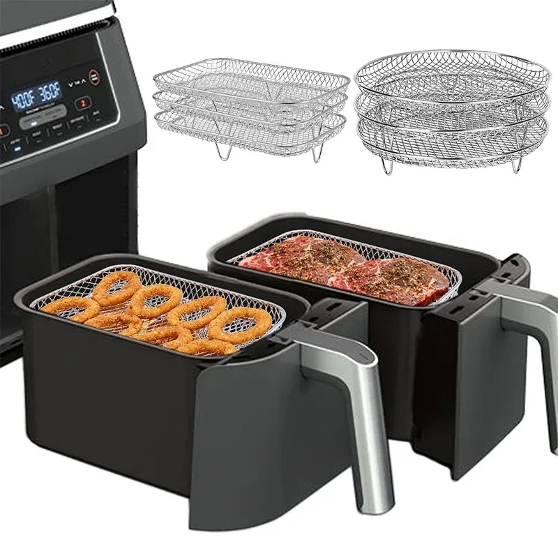 Three Stackable Air Fryer Racks 304 Stainless Steel Non stick Frying Pan Barbecue Grill Rack Kitchen Cooking Tools