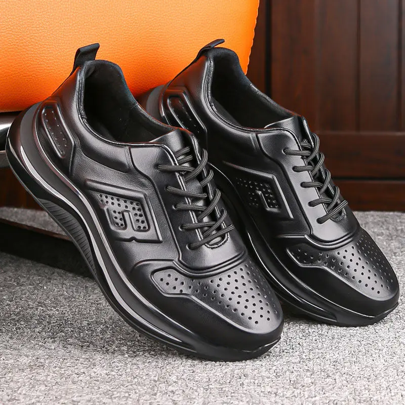 Genuine Leather Shoes Men Business Sports Luxury Cowhide Sneakers Hollow Breathable Hole Casual Running Soft Bottom Lightweight