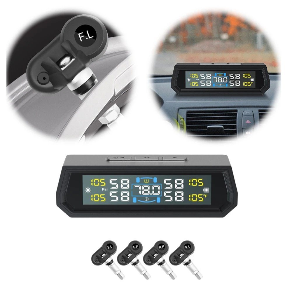 Solar/USB Powered Tire Pressure Monitoring System LCD Display Wireless TPMS Tire Pressure Monitor System for RV Sedan SUV Truck