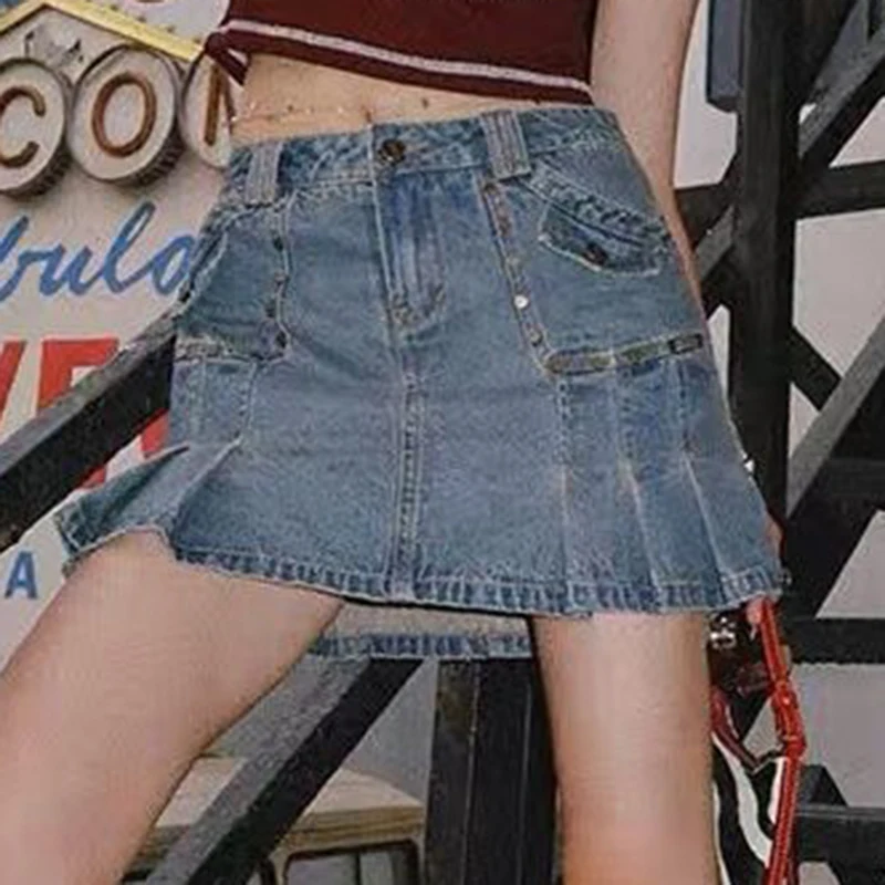 Old denim pleated skirt for women summer rivet high waisted A-line half length skirt with buttocks and pants skirt strap style one piece women s jeans ultimate buttocks adjustable button with zipper rompers jeans ropa de mujer barata y envío g