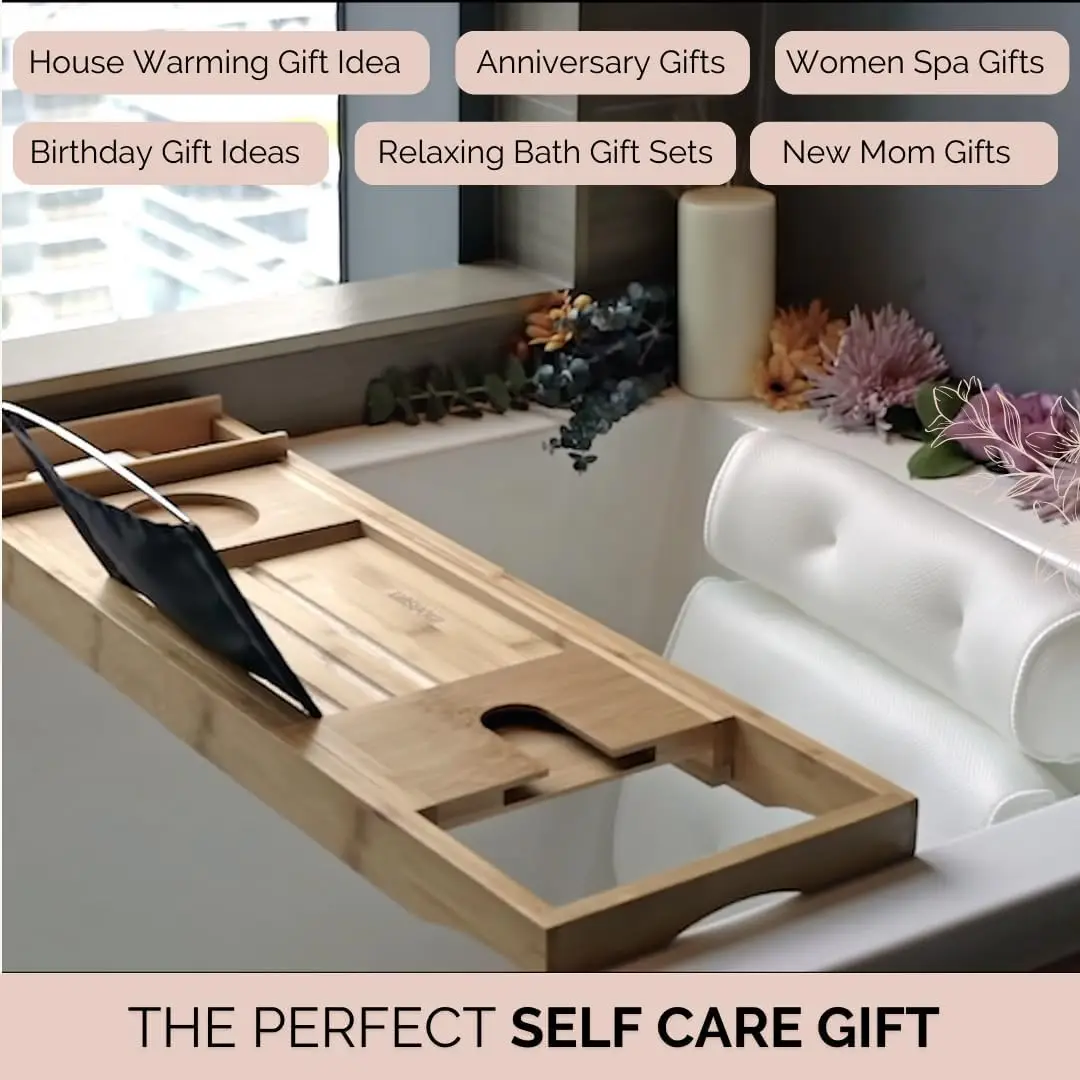 Foldable Bamboo Bathtub Tray Caddy -Expandable Bath Tray for Tub Secure Non-Slip Bathtub Caddy for Tub Bath Accessories