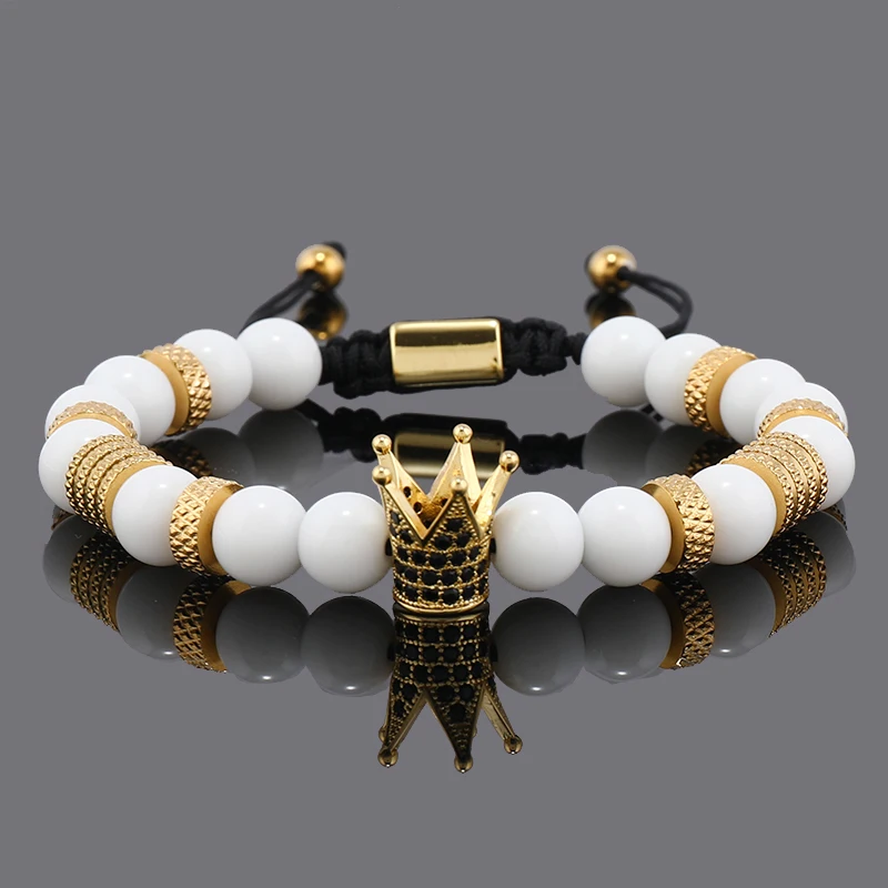 Luxury Natural Stone Beads Stainless Steel Crown Charms Man Bracelet Women Hand Jewelry Gift