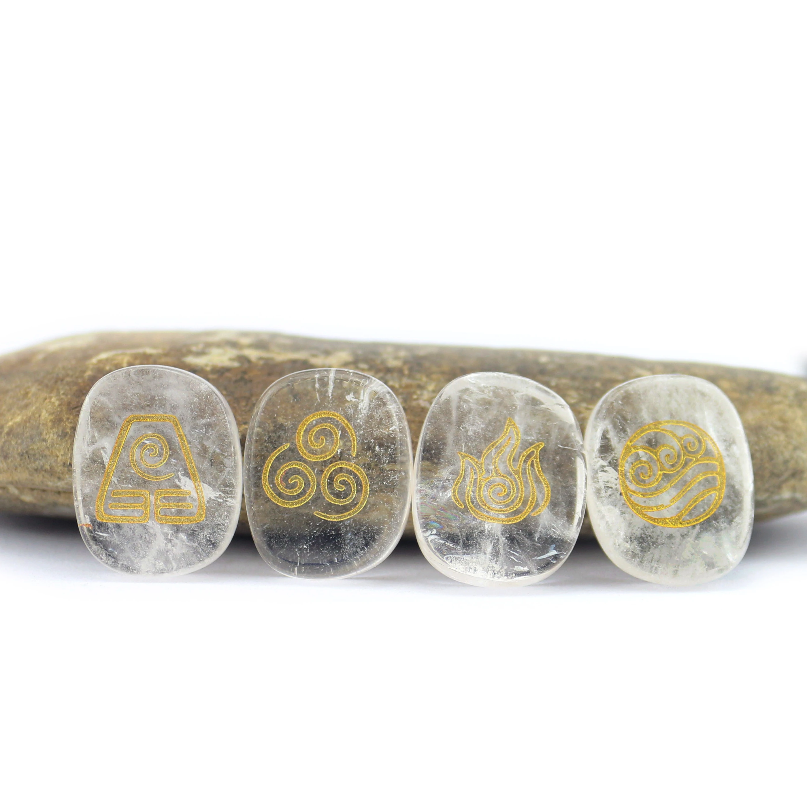 VGDS Hot 4Pcs/Sets Natural Crystal Quartz Gem Oval Universe Air Water Fire Earth Four Elements Symbol Energy Reiki Healing Stone
