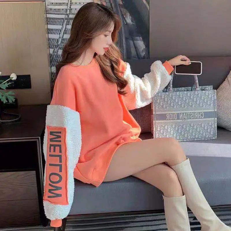 Hoodies Pullover Trend Personalized Contrast Color Korean Student Casual Loose Oversize Women'S Sweater
