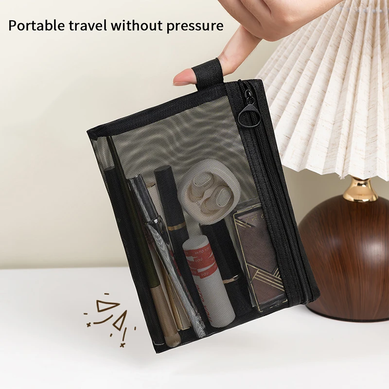 Black/Gray/White Mesh Cosmetic Bag Travel Storage Makeup Bag Organizer Female Make Up Zipper Pouch Portable Toiletry Case