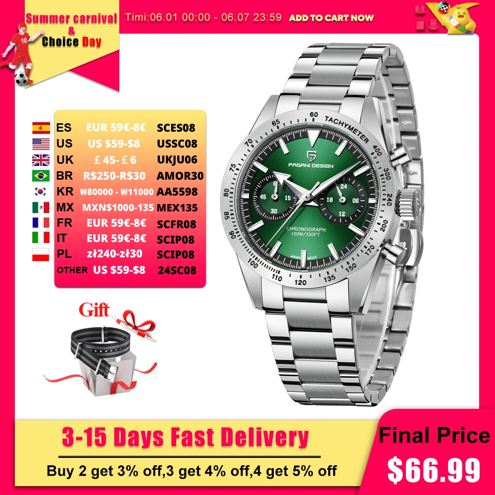 

PAGANI DESIGN 2023 NEW Moon Top Brand Quartz Watch For Men Speed Chronograph Waterproof VK64 AR Sapphire Mirror Wristwatch 1766