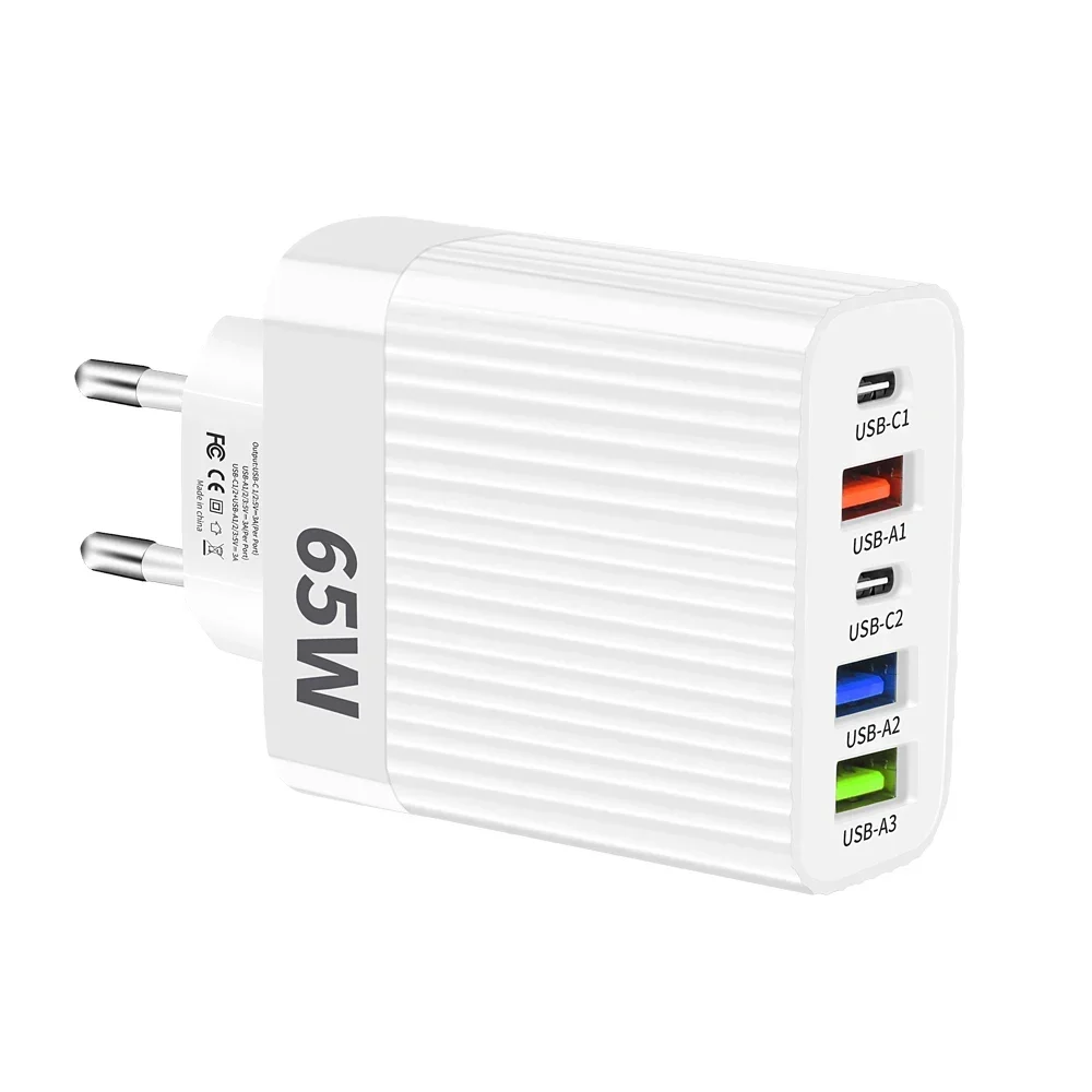 Зарядное устройство USB типа C, многопортовый, 65 Вт, адаптер для быстрой зарядки телефона для iPhone, Samsung, Xiaomi, 5 портов, вилка европейского/американского стандарта, быстрое зарядное устройство