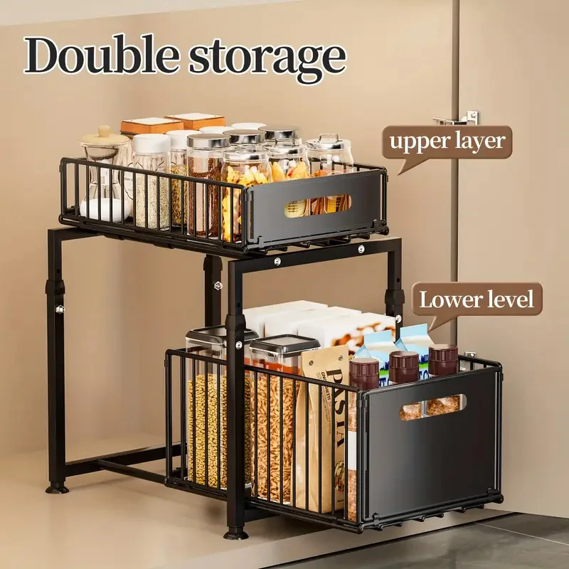 2 Tier Kitchen Countertop Storage Rack Adjustable Slide-out Cabinet Storage Basket Under Sink Organizer Spice Jar Storage Shelf