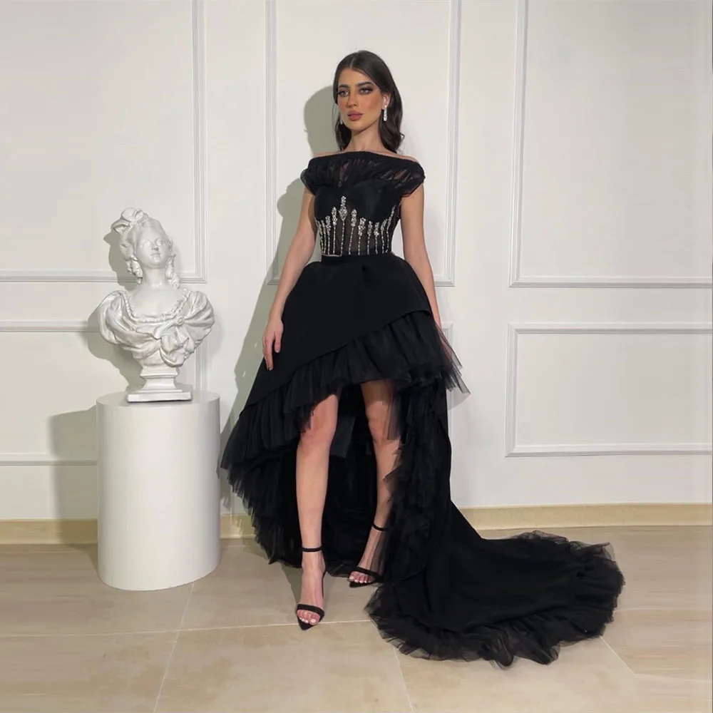 

Hi-Lo Court Train Prom Gown Pleat Ruffle Boat Neck Off the Shoulder Applique Modern Party Evening Dresses فساتين للحفلات الراقصة