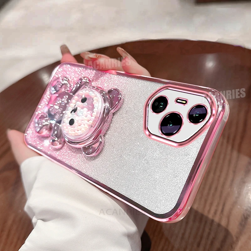 Cute Bear Holder Plating Silicone Case - Soft Shockproof Protective Stand Cover