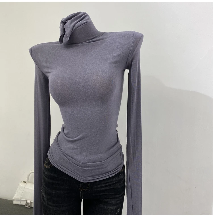 Description Picture 2 of itemThin Soft American Long Sleeve T-shirt High Stacked Neck Tight Perspective Bottom Shirt Women's Slim Fit Tops Sexy Streetwear