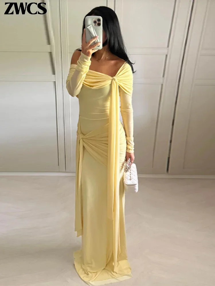 Yellow Pleated Off-shoulder Ribbon Dress Women's Sexy Lace Up Full Sleeve  Bodycon Dresses 2025 Autumn New Elegant Party Vestidos - AliExpress  200000345