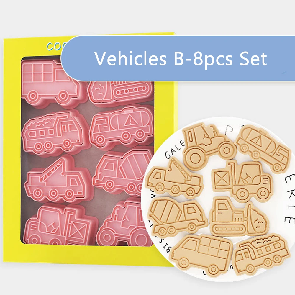 8Pcs Cars Plane Cookie Cutters 3D Vehicle Cookie Molds Plastic Biscuit Embosser Stamp Boy Diy Kitchen Baking Accessories Tools cookie cutter baking mold cookie mould