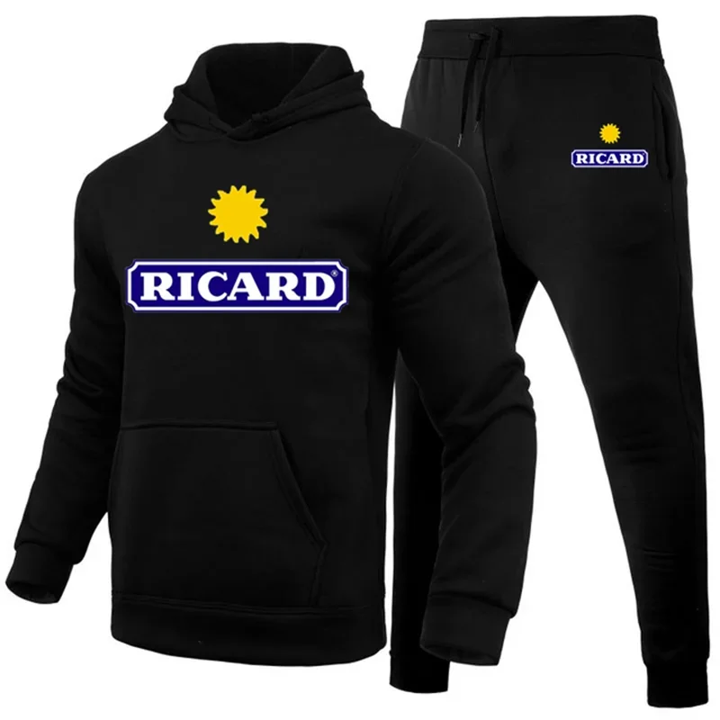 

Костюм спортивный Ricard мужской, флисовая толстовка с капюшоном и принтом, повседневные спортивные штаны, Осень-зима