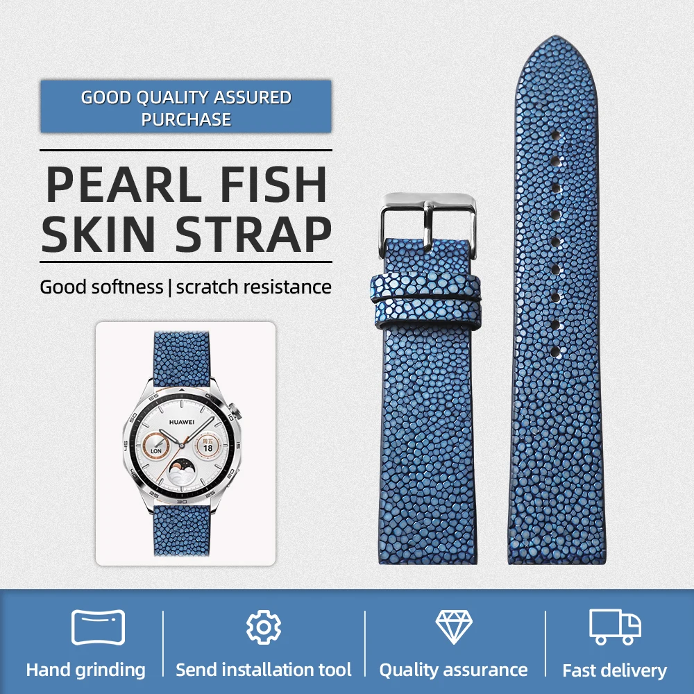 Luxurious Handmade Pearl Fish Leather Watchband - High-End Vintage Bracelet in Black, Blue, and Green Genuine Leather