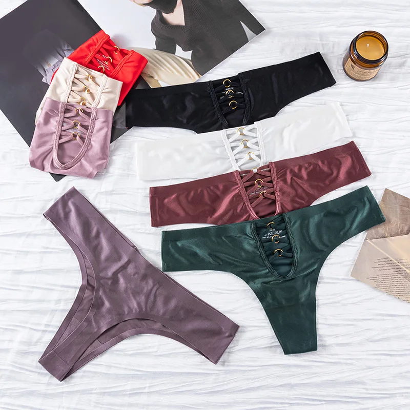 

Lace Trim Thongs Sexy Women T-Back Underwear Ice Silk Briefs Female Bikini Lingeries Low Rise G-String Girl Seamless Panties M-L