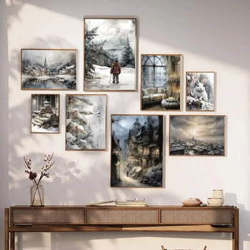 Vintage Winter Street Scenery Art Aesthetic Posters Print Christmas Holiday Decor Canvas Painting Living Room Home Cuadros Gifts