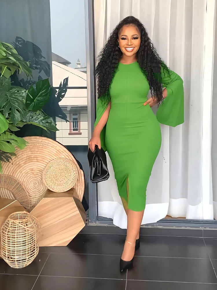 Зеленые облегающие платья для женщин с длинным рукавом разрезом и круглым