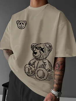 Summer men's 100% pure cotton casual sports loose and fashionable cartoon bear pattern printed round neck short sleeved T-shirt 1