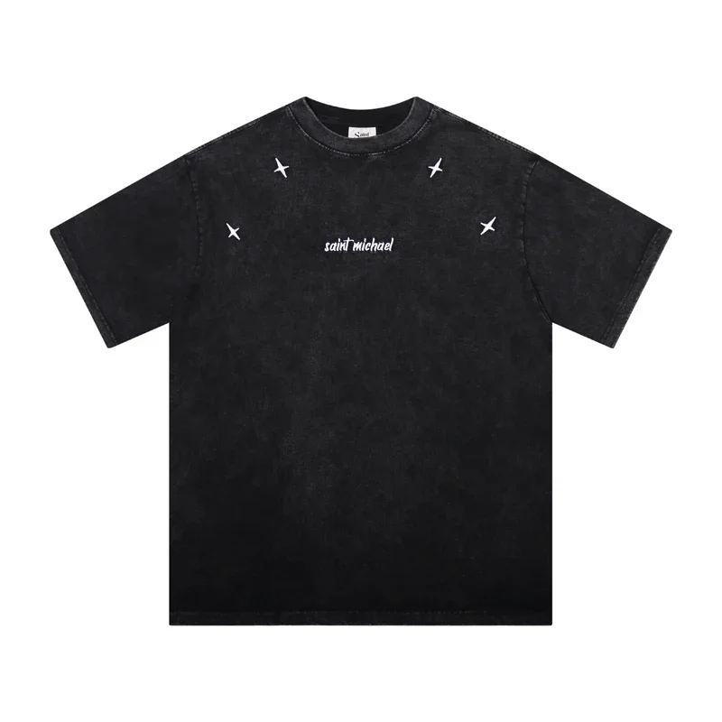 

Washed Embroidered Saint Michael Logo T-Shirt Men Women Top Black White Tees Japan Style T Shirt GYM