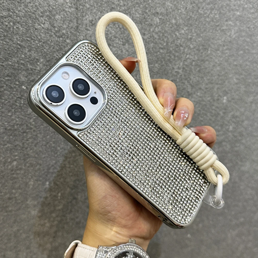 Luxury Plating Shiny Diamond Lanyard Phone Case with Wrist Strap - Shockproof Protective Cover