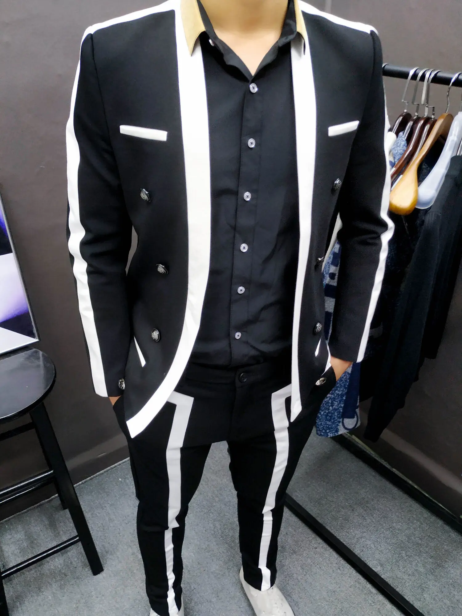 Trajes De Hombre Contrast Stripe Blalck White Suit Male Wedding Groom Suit Spring Disguised Men Slim Stage Outfit Men Party