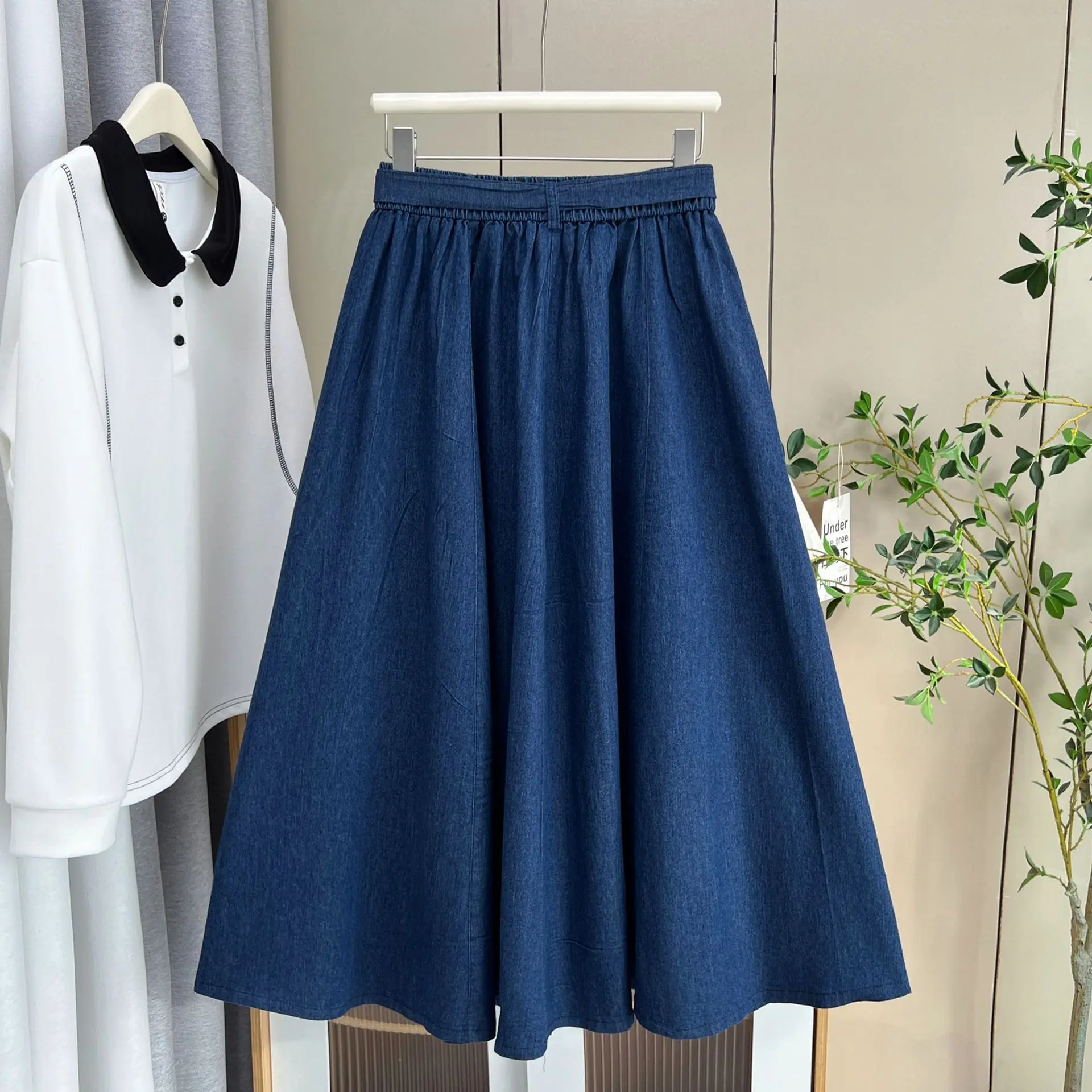 Fashion Plus Size Women's Denim Skirt 2025 Autumn New Style Casual Drawstring High Waisted Mid Length A-Length Skirt 572