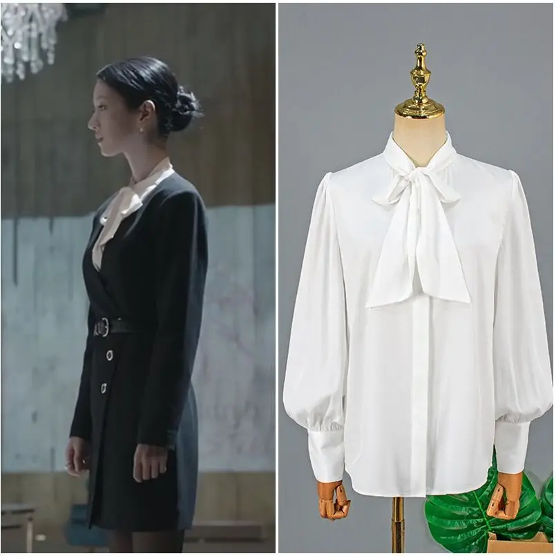 Summer White Single-breasted Casual Blouses Women 2023 Korean Drama 서예지 Elegant Long Sleeve Bow Shirts Female Party Lace-up Tops