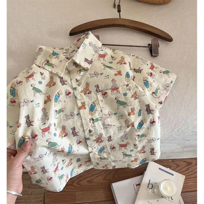 Summer New Boys Short Sleeve Shirts Cute Animal Print Girls Shirt Children Casual Tops Cotton Baby Clothes