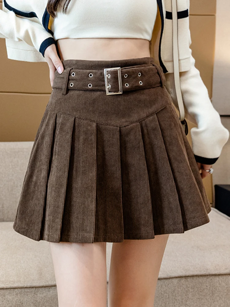 QOERLIN Corduroy Skirts with Belte Streetwear Hot Girls  2022 Autumn Winter Fashion New Pleated Mini Skirts Sexy with Shorts