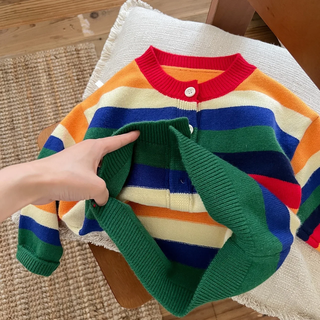 Autumn Winter Children Rainbow Sweater Kids Knit Cardigan Baby Girls Knitted Jacket Fashion Korean Boys Jumper Coat Knitwear