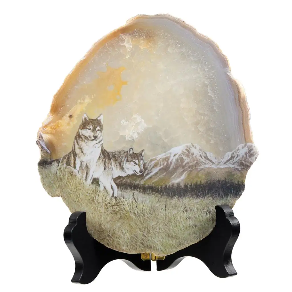 Natural Irregular Agate Slice Art Print Animal Table Display With Wooden Stand Agate Geode Stone Figurine For Home Decoration