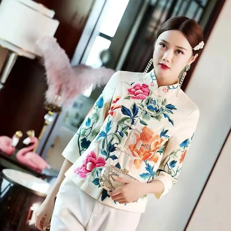 Peony Flower Embroidery Vintage Tang Suit Jacket Women Long Sleeve Single-breasted Loose Stand Collar Chinese Style Outerwear chinese dress