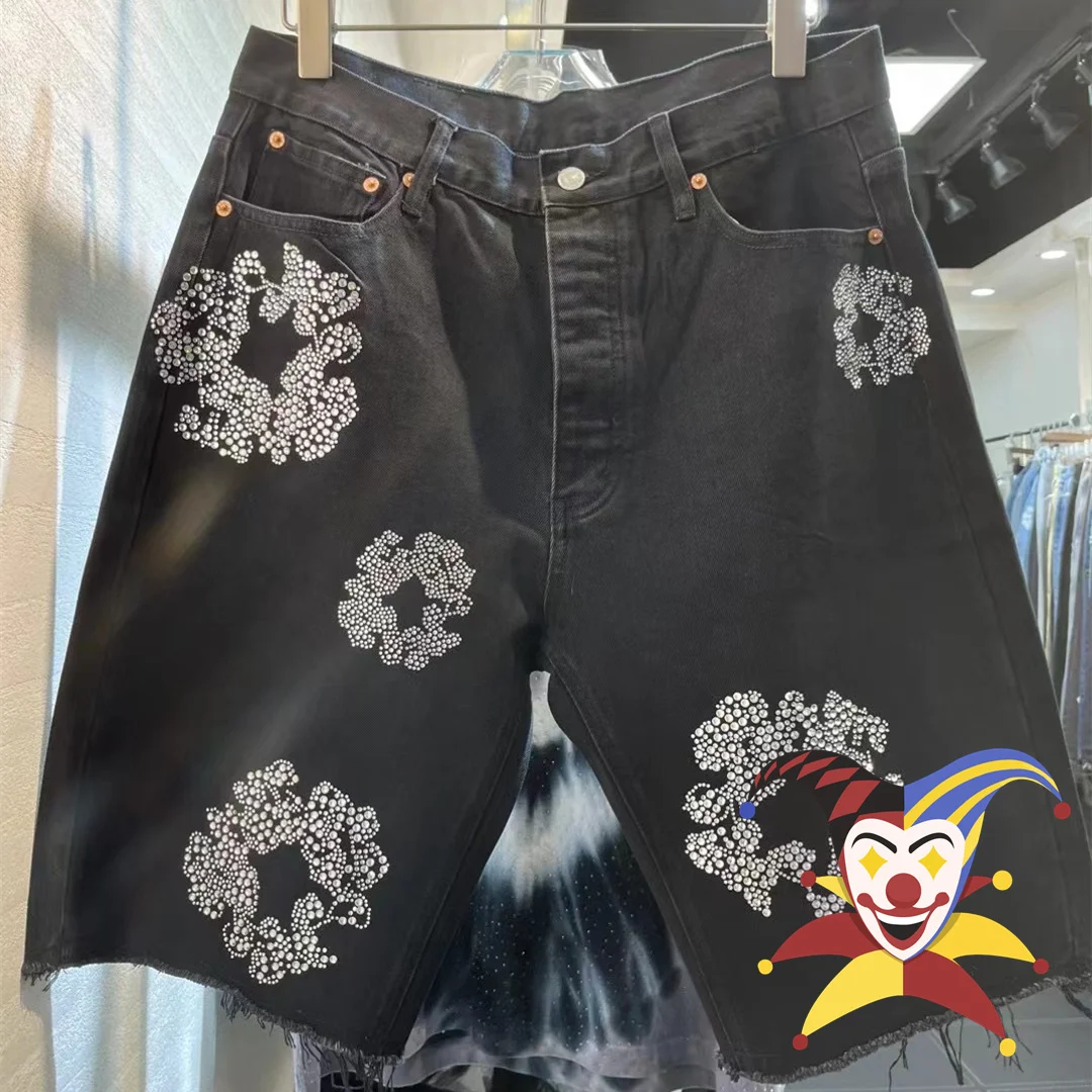 

Diamond Inlaid Kapok Pattern Denim Jeans Shorts Men Women Washed Vintage Kanye Shorts